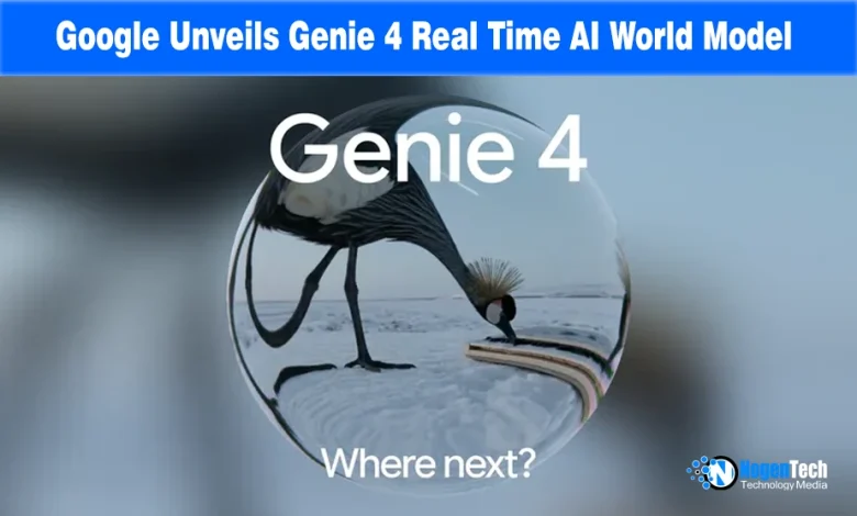 Glass sphere reflection showing a crested crane bird in a snowy environment with Genie 4 text.