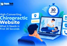 Laptop screen displaying a chiropractic session with 30-second timer icon, review stars, location pin, and booking buttons.