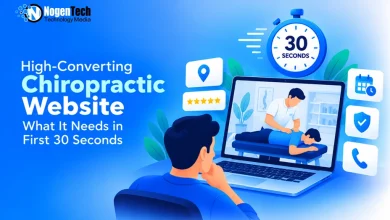 Laptop screen displaying a chiropractic session with 30-second timer icon, review stars, location pin, and booking buttons.