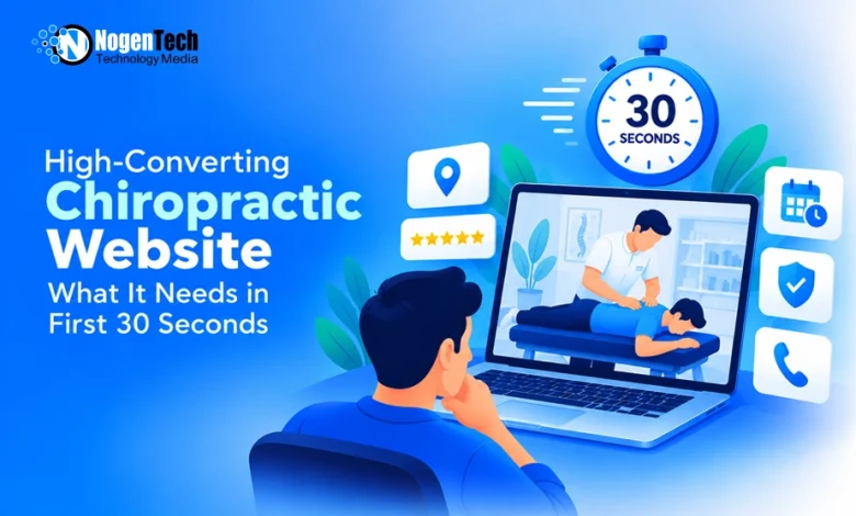 Laptop screen displaying a chiropractic session with 30-second timer icon, review stars, location pin, and booking buttons.