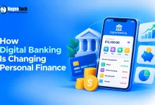 Smartphone showing a digital banking app interface alongside a credit card, gold coins, and financial growth icons.