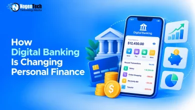 Smartphone showing a digital banking app interface alongside a credit card, gold coins, and financial growth icons.