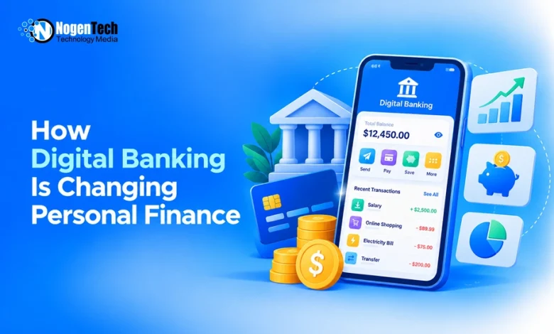 Smartphone showing a digital banking app interface alongside a credit card, gold coins, and financial growth icons.
