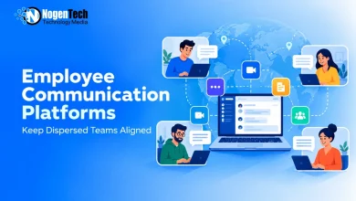 Remote team members connected via video call and messaging icons over a global network layout on a central laptop screen.