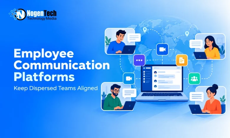 Remote team members connected via video call and messaging icons over a global network layout on a central laptop screen.
