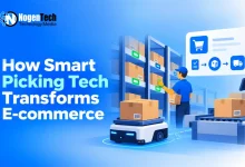 Automated warehouse robot and worker picking packages on shelves for e-commerce fulfillment.