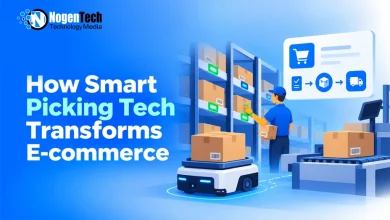 Automated warehouse robot and worker picking packages on shelves for e-commerce fulfillment.