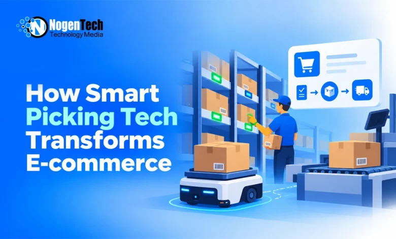 Automated warehouse robot and worker picking packages on shelves for e-commerce fulfillment.
