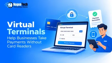 Laptop screen displaying a virtual payment terminal interface next to a credit card and successful payment receipt graphic.
