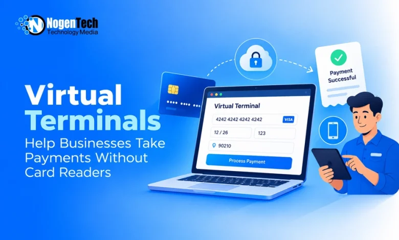 Laptop screen displaying a virtual payment terminal interface next to a credit card and successful payment receipt graphic.