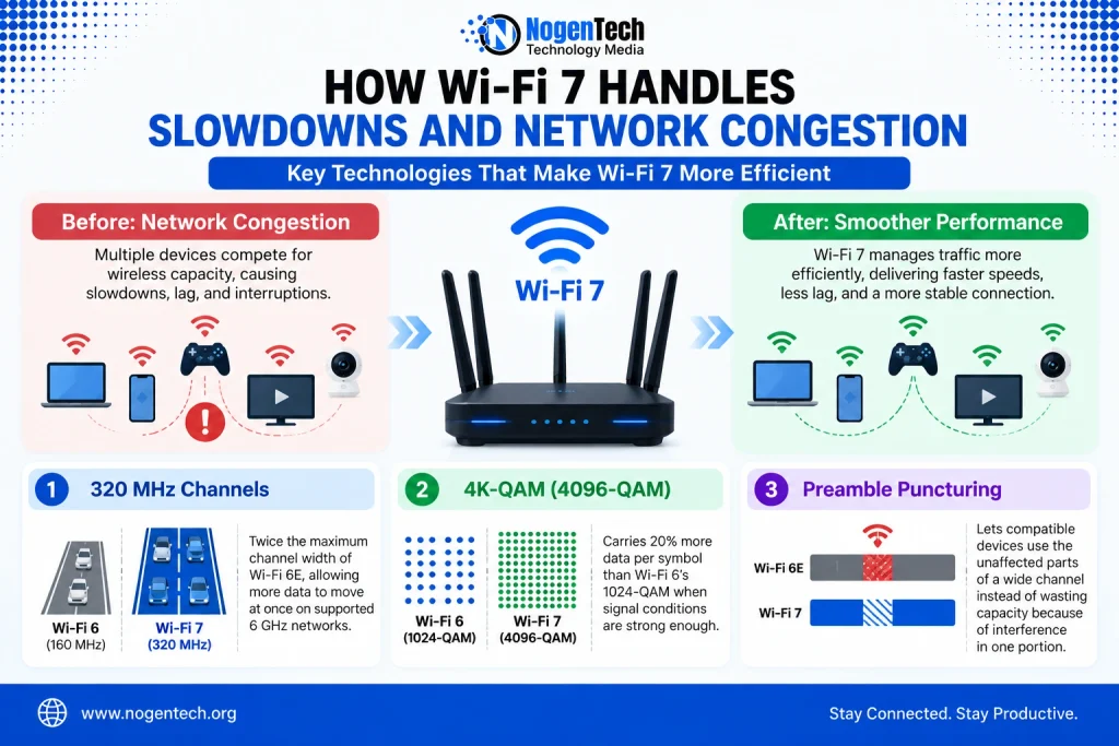 Infographic showing how Wi-Fi 7 reduces network congestion and slowdowns using 320 MHz channels, 4K-QAM, and preamble puncturing.