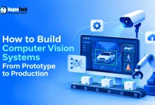 Monitor displaying bounding boxes around detected cars and pedestrians alongside a robotic arm and conveyor belt.