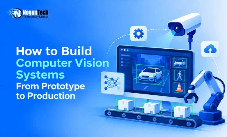 Monitor displaying bounding boxes around detected cars and pedestrians alongside a robotic arm and conveyor belt.