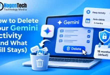 How to delete Google Gemini activity, showing a laptop with Gemini chat history, Delete button, Keep Activity settings, auto-delete options, and privacy icons.