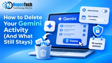 How to delete Google Gemini activity, showing a laptop with Gemini chat history, Delete button, Keep Activity settings, auto-delete options, and privacy icons.