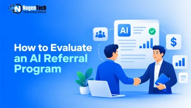 Two businessmen shaking hands across a desk near a laptop with AI referral dashboard graphics in the background.