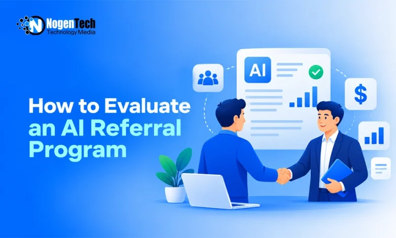 Two businessmen shaking hands across a desk near a laptop with AI referral dashboard graphics in the background.