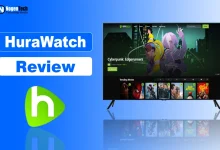 Smart TV displaying the HuraWatch movie streaming homepage alongside the green HuraWatch logo on a blue background.