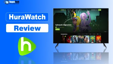 Smart TV displaying the HuraWatch movie streaming homepage alongside the green HuraWatch logo on a blue background.