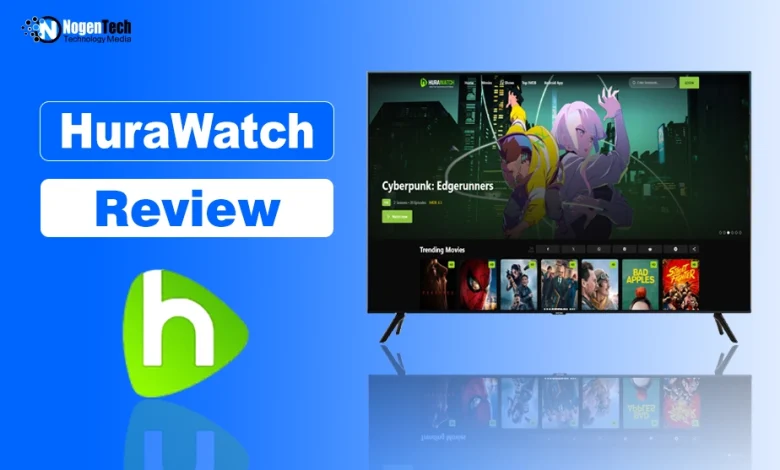 Smart TV displaying the HuraWatch movie streaming homepage alongside the green HuraWatch logo on a blue background.