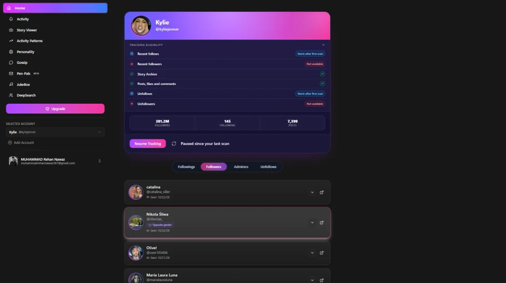 IGDetective features for monitoring public Instagram activity and follower changes | Image Credit: IGDetective