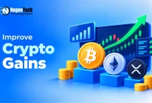 3D Bitcoin, Ethereum, and XRP cryptocurrency coins positioned on pedestals in front of a rising green stock market chart.