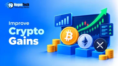 3D Bitcoin, Ethereum, and XRP cryptocurrency coins positioned on pedestals in front of a rising green stock market chart.