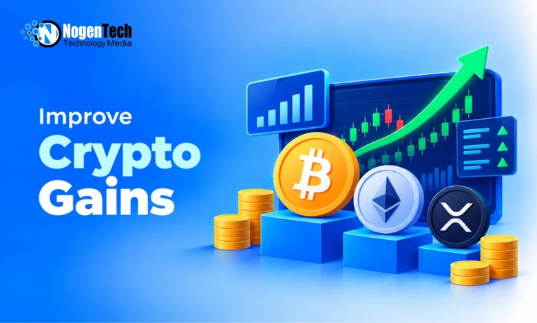3D Bitcoin, Ethereum, and XRP cryptocurrency coins positioned on pedestals in front of a rising green stock market chart.