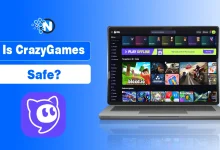 Laptop screen displaying the CrazyGames website interface alongside the purple CrazyGames mascot logo.