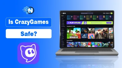 Laptop screen displaying the CrazyGames website interface alongside the purple CrazyGames mascot logo.