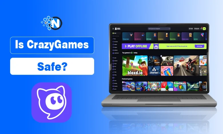 Laptop screen displaying the CrazyGames website interface alongside the purple CrazyGames mascot logo.