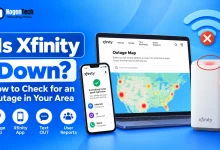 Is Xfinity down guide showing the Xfinity Outage Map, app, user reports, and a router with a red light