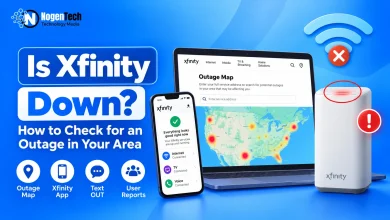 Is Xfinity down guide showing the Xfinity Outage Map, app, user reports, and a router with a red light