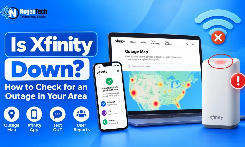 Is Xfinity down guide showing the Xfinity Outage Map, app, user reports, and a router with a red light