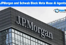 J.P. Morgan corporate building exterior with prominent signage against the sky.