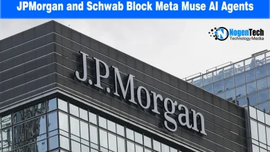 J.P. Morgan corporate building exterior with prominent signage against the sky.