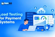 IT engineer at a laptop monitoring server performance, speed meters, and payment verification benchmarks.