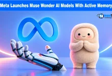 Robotic hand presenting a glowing blue Meta logo next to a small plush creature character.