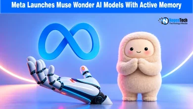 Robotic hand presenting a glowing blue Meta logo next to a small plush creature character.