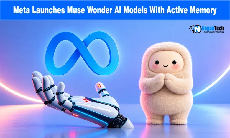 Robotic hand presenting a glowing blue Meta logo next to a small plush creature character.