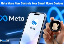 Smartphone displaying the Meta Muse application alongside a hand holding the compact Muse Charm companion device.