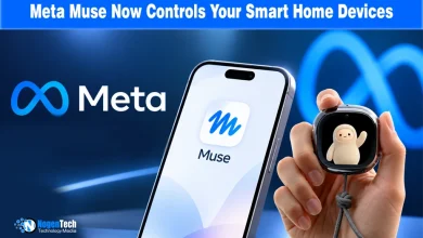 Smartphone displaying the Meta Muse application alongside a hand holding the compact Muse Charm companion device.