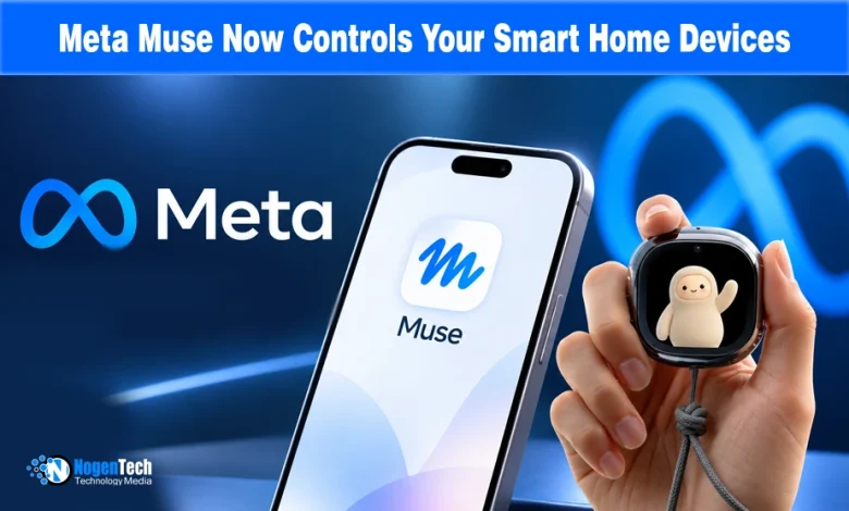 Smartphone displaying the Meta Muse application alongside a hand holding the compact Muse Charm companion device.