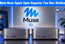 Two Apple Mac Studio computers side-by-side on a desk in front of a Meta Muse logo backdrop.