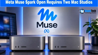 Two Apple Mac Studio computers side-by-side on a desk in front of a Meta Muse logo backdrop.