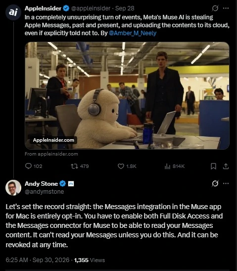 Meta's Andy Stone reply to Apple Insider's Post about Muse AI Agent