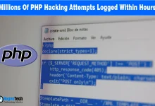 PHP logo beside a screen displaying highlighted PHP script code inside a text editor.