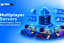 Group of gamers playing online games connected to a central server network with low ping and high performance indicator badges.