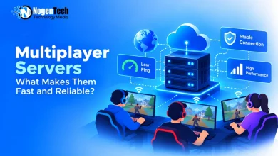 Group of gamers playing online games connected to a central server network with low ping and high performance indicator badges.