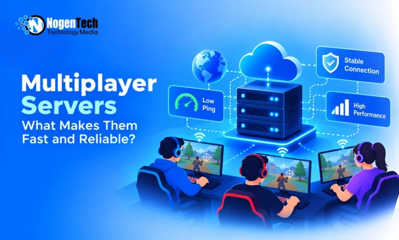 Group of gamers playing online games connected to a central server network with low ping and high performance indicator badges.